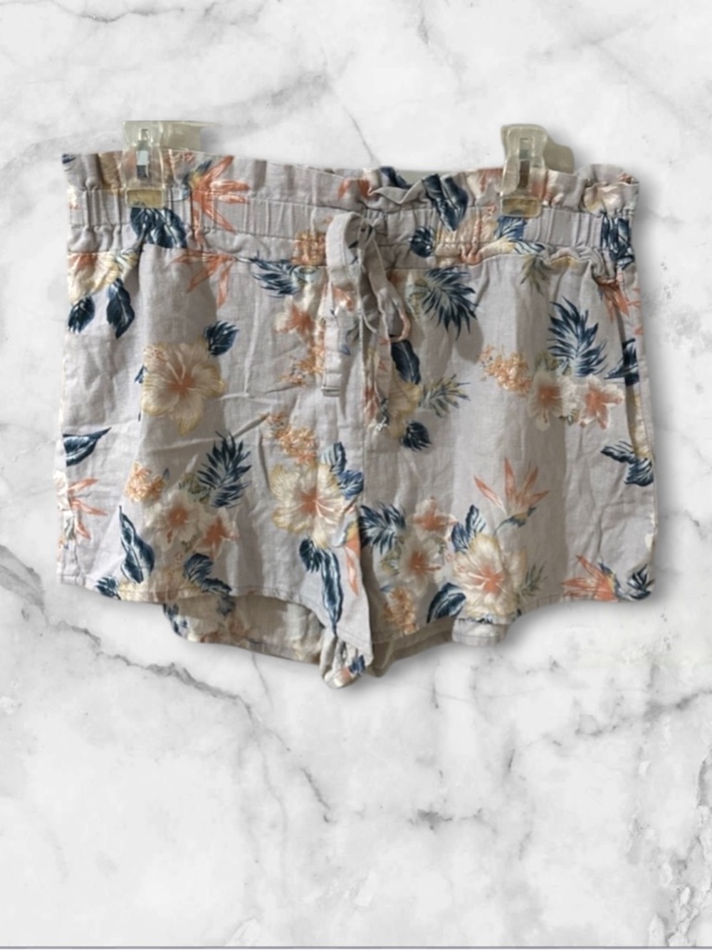 Vanilla star gray linen blend tropical hibiscus print elastic waist shorts XL